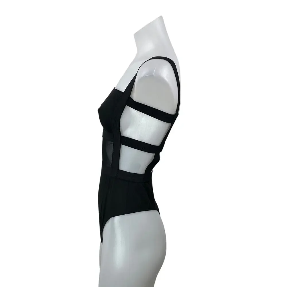 Superdown Camille Black Mesh Sleeveless Square Neck Strappy Back Bodysuit Size S
